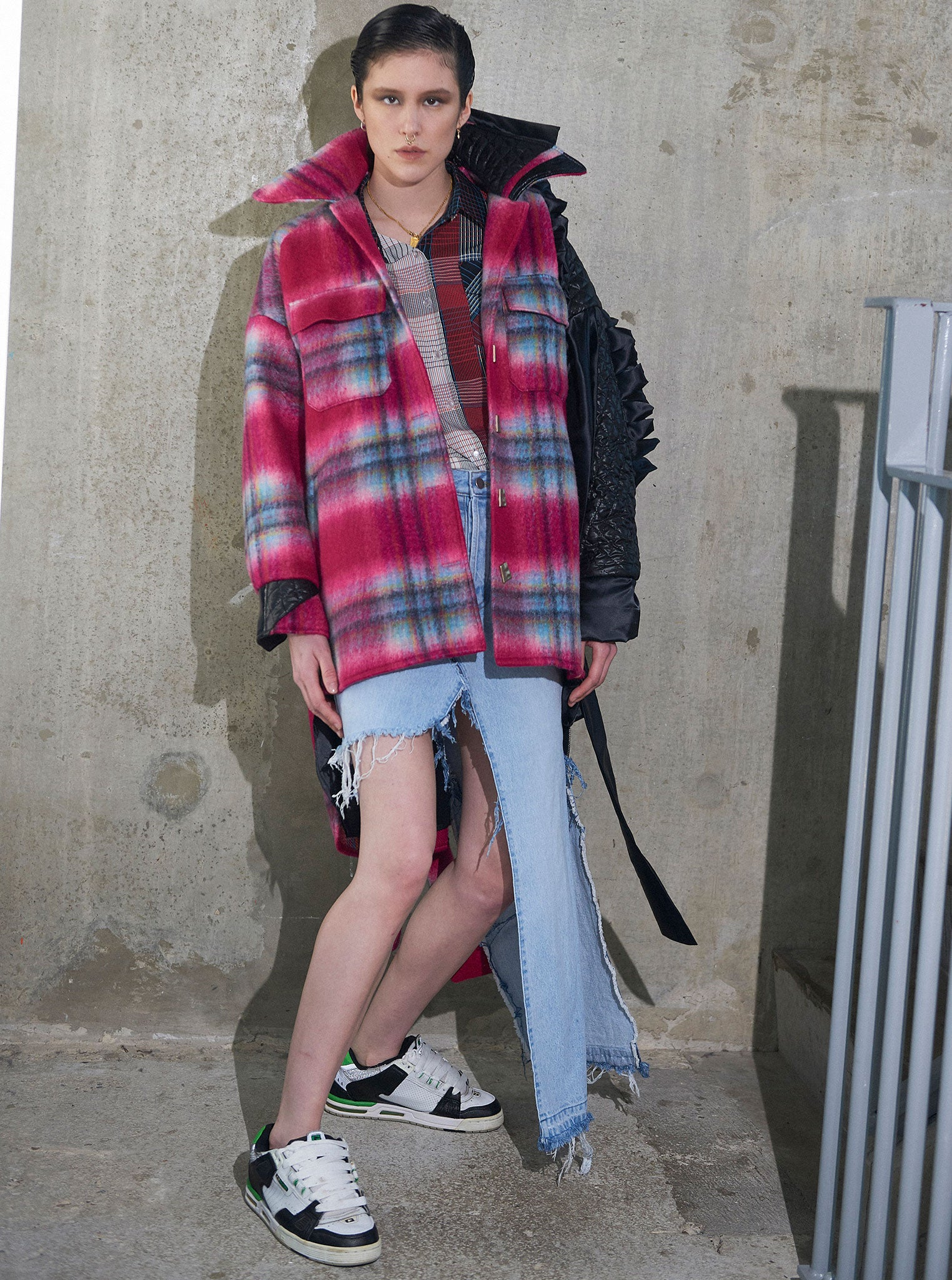 Vinti Andrews Plaid with Padded Nylon Shirt Jacket